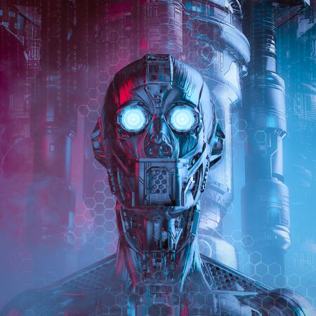 Altered steel vision / 3D illustration of science fiction humanoid robot with glowing eyes on...