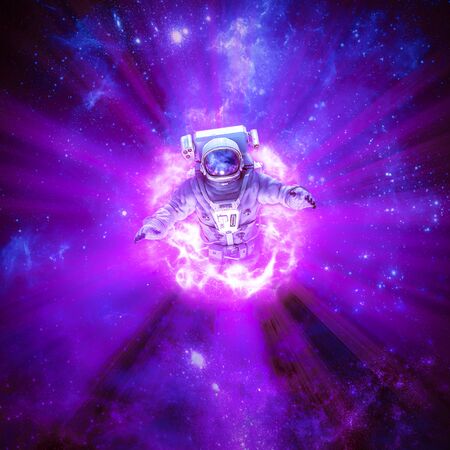 Galactic wormhole exploration / 3D illustration of science fiction scene with astronaut passing...