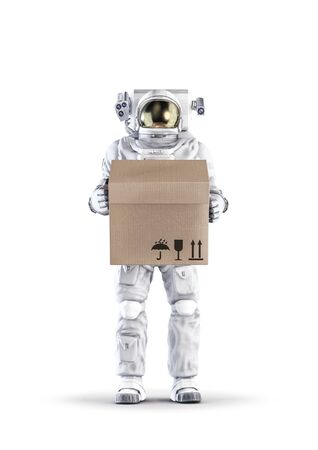 Astronaut with boxed delivery isolated on whiteの写真素材