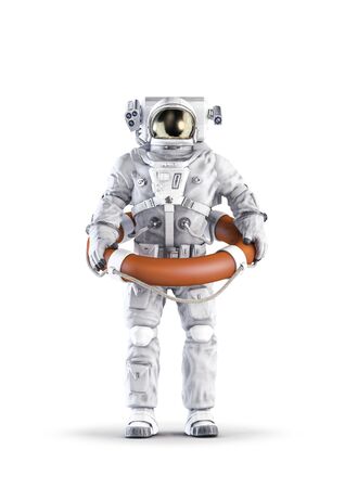 Astronaut holding orange emergency life ring  isolated on whiteの写真素材