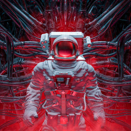 Lair of the machine / 3D illustration of science fiction astronaut exploring alien space ship...