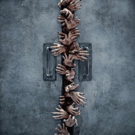Zombie horror hands Halloween door / 3D illustration of gnarled undead hands reaching through crack...