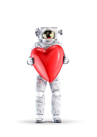 Astronaut with Valentine heart / 3D illustration of space suit wearing male figure holding large red Valentine's Day heart isolated on white studio backgroundの写真素材