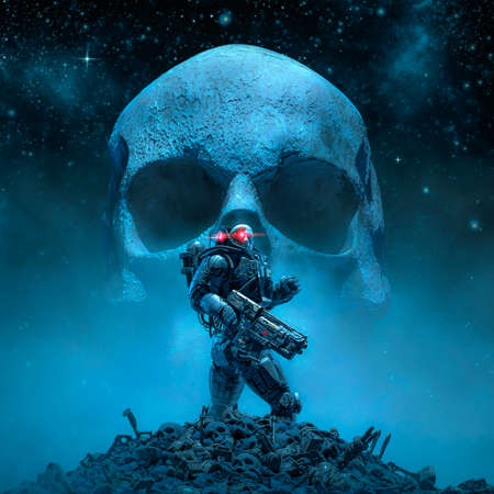 Cyberpunk soldier skull moon
