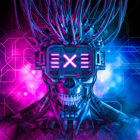 Hardwired cyberpunk skull robot / 3D illustration of science fiction cyberpunk skull faced grinning android wearing futuristic virtual reality glassesの写真素材
