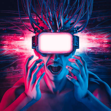 Hardwired virtual reality glasses man / 3D illustration of science fiction cyberpunk shocked male...