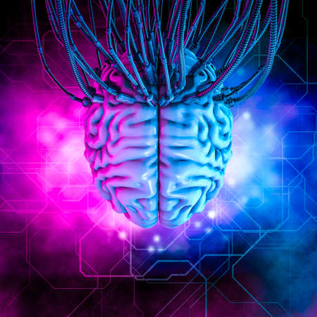 Hardwired virtual reality human brain / 3D illustration of science fiction cyberpunk artificial...