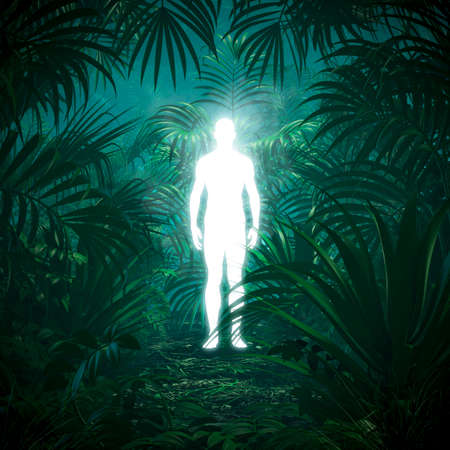 Alien male spirit of the forest / 3D illustration of glowing ghostly man in dense green tropical jungleの写真素材