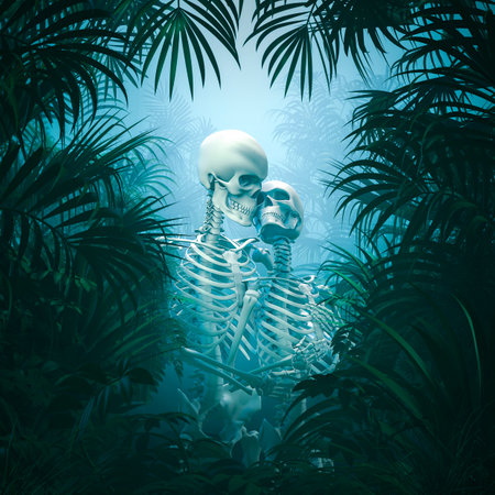 Gothic garden of Eden - 3D illustration of embracing male and female skeleton lovers surrounded by...