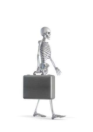 Skeleton walking with suitcase - 3D illustration of male human skeleton figure carrying large briefcase isolated on white studio backgroundの写真素材