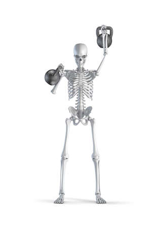Fitness skeleton kettlebell - 3D illustration of male human skeleton figure lifting heavy pair of kettlebells isolated on white studio backgroundの写真素材