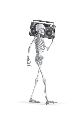 Skeleton with boombox - 3D illustration of male human skeleton figure carrying retro 80s stereo...