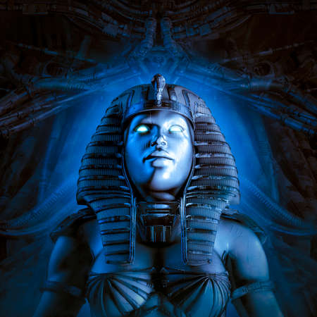Cyborg pharaoh queen - 3D illustration of dark futuristic female Egyptian pharaoh robot with glowing...