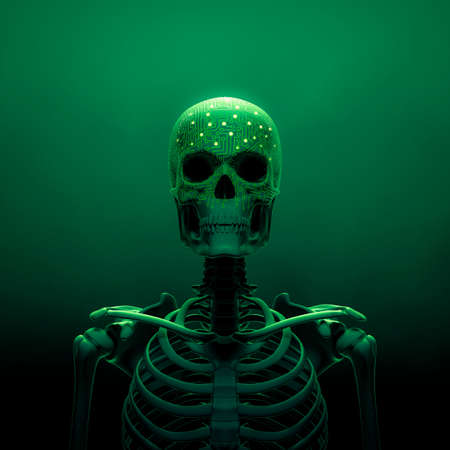 Artificial intelligence skull concept - 3D illustration of dark green skeleton figure with computer circuit board covering headの写真素材