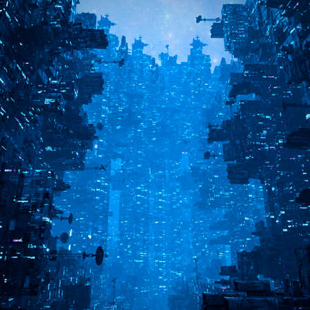 Cyberpunk city at night - 3D illustration of dark towering futuristic science fiction urban cityscapeの写真素材
