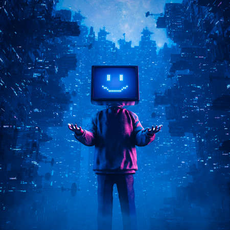 Gamer monitor head smiley media concept - 3D illustration of hoodie wearing character with smiling computer display face standing in futuristic cyberpunk cityの写真素材