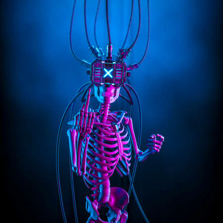 Cyberpunk skeleton middle finger - 3D illustration of science fiction praying grinning skeletal figure wearing virtual reality helmet and showing rude hand gestureの写真素材