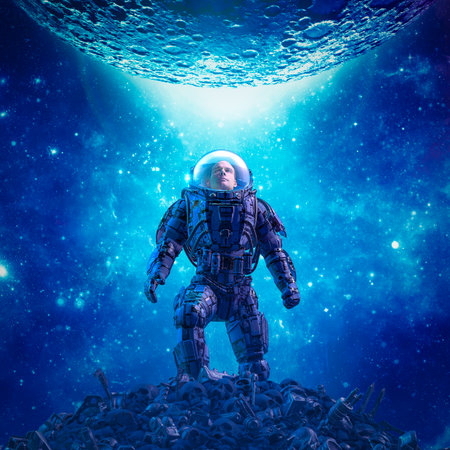 Beneath the moonrise - 3D illustration of science fiction scene showing astronaut viewing rising moon in outer spaceの写真素材