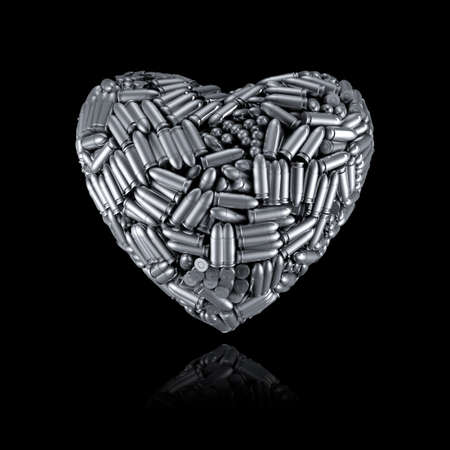 Bullet Valentine handgun - 3D illustration of pistol ammunition forming heart shape isolated on blackの写真素材