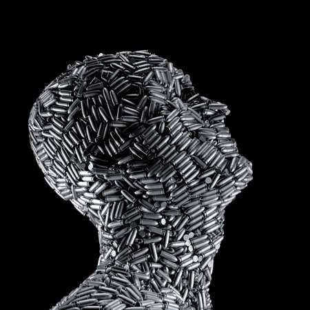 Bullet head handgun metaphor - 3D illustration of pistol ammunition forming male human face looking up isolated on blackの写真素材