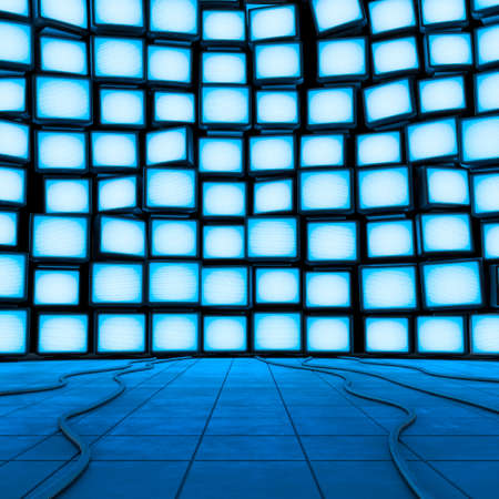 Monitor wall background - 3D illustration of wall of glowing blank computer screensの写真素材