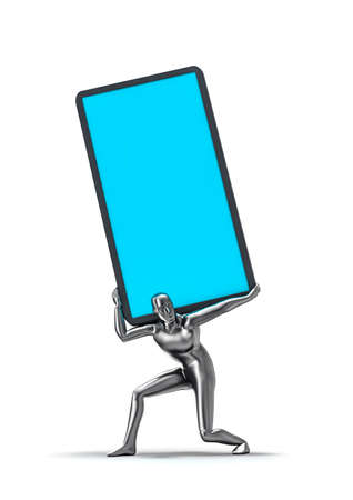 Mobile phone burden - 3D illustration of metallic male figure carrying huge cellphone on white studio backgroundの写真素材