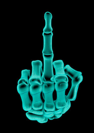 Middle finger x-ray - 3D illustration of x-rayed skeleton hand showing rude hand gestureの写真素材
