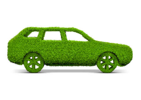 Ecological automobile - 3D illustration of car made from grass isolated on white studio backgroundの写真素材