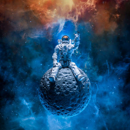 Astronaut sitting on moon - 3D illustration of science fiction space suited lonely figure on small...