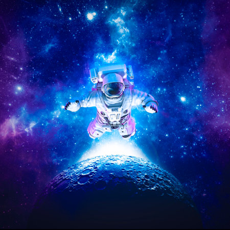 Astronaut floating above moon - 3D illustration of science fiction space suited figure among the stars in outer spaceの写真素材