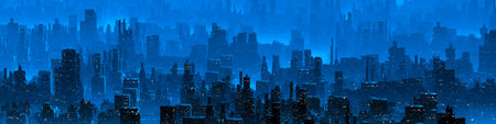 Science fiction neon city night panorama - 3D illustration of dark futuristic sci-fi city lit with bright neon lightsの写真素材