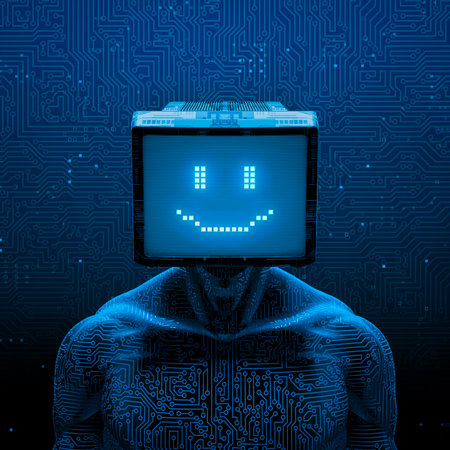Smiling gamer artificial intelligence - 3D illustration of dark pixel smile faced male robot figure with computer monitor head on abstract computer circuit board backgroundの写真素材