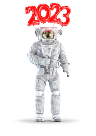 Astronaut with 2023 balloon - 3D illustration of space suit wearing male figure holding red plastic number year 2023 balloons isolated on white studio backgroundの写真素材