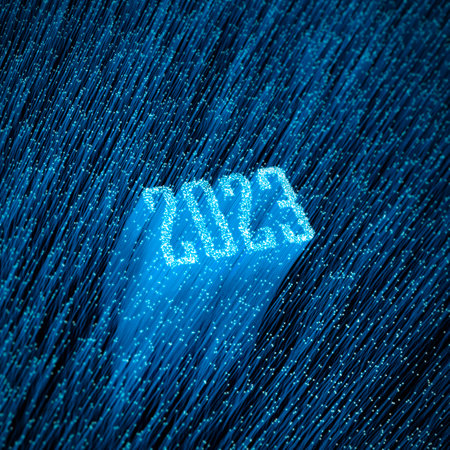 Fiber-optic year 2023 concept - 3D illustration of glowing optical fibres forming year 2023 textの写真素材