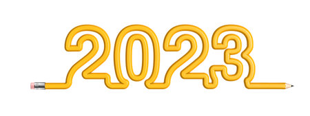 Pencil 2023 education concept - 3D illustration of yellow wooden pencil forming year 2023 textの写真素材