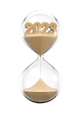 Year 2023 hourglass - 3D illustration of time slipping away like sandの写真素材