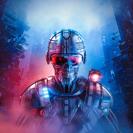 Robot police officer - 3D illustration of skull faced science fiction cyberpunk law enforcement android patrolling futuristic cityの写真素材