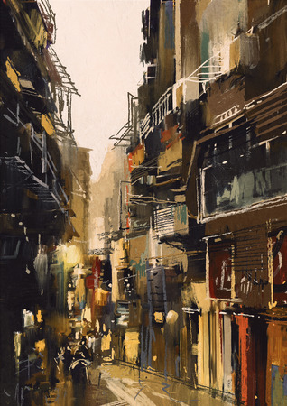 cityscape painting showing narrow alley with old buildingsの写真素材