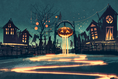 Halloween night with pumpkin and haunted houses,illustration paintingの写真素材