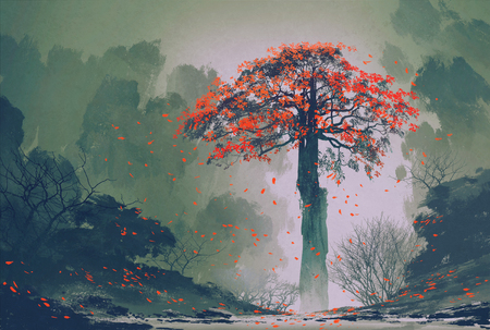 lonely red autumn tree with falling leaves in winter forest,landscape paintingの写真素材