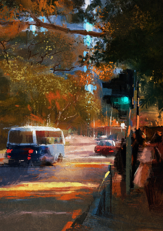painting of city street view with trafficの写真素材