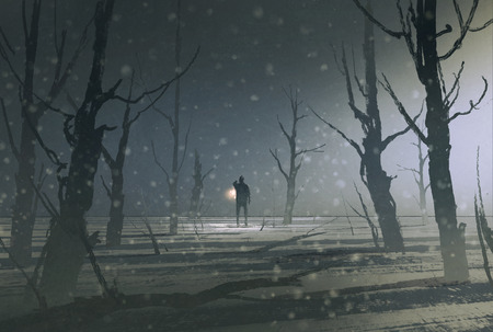 man holding lantern stands in dark forest with fog,illustration paintingの写真素材