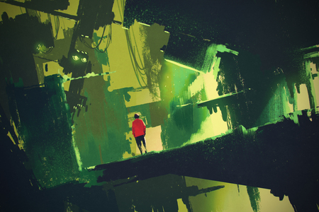 man walking into abstract green city,illustrationの写真素材