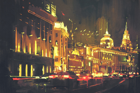 painting of city street with colorful light,Shanghai The Bund at nightの写真素材