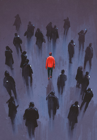 one red man standing with other people with phone,unique person in the crowd,illustrationの写真素材