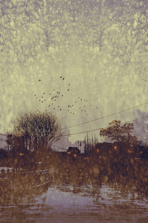 river village with grunge texture,illustration artの写真素材