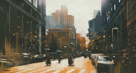 city street with historical building,painting with vintage styleの写真素材