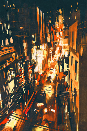 night scene of a street in city,illustration paintingの写真素材