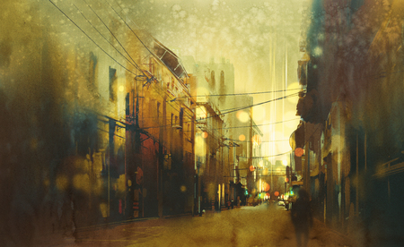 city street,illustration painting with vintage styleの写真素材