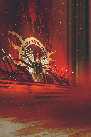 dark fantasy throne with red curtains background,illustrationの写真素材